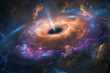 A breathtaking and vivid illustration of a cosmic supermassive black hole at the center of a galaxy, surrounded by swirling, luminous clouds of gas and dust