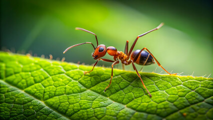 Fototapeta premium Ant crawling on a vibrant green leaf, insect, small, nature, macro, close-up, wildlife, outdoors, leaf, green, vibrant, garden
