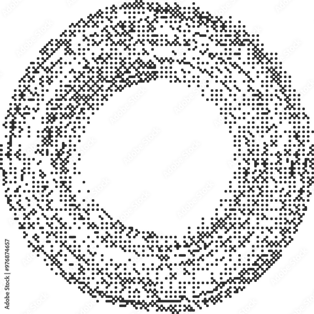 Poster bitmap pixel arcade game effect. circle frame with bit pattern texture. round y2k halftone element. 