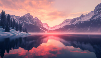 Fototapeta premium Nature Bliss: A serene mountain landscape with a lake reflecting the snowy peaks at sunrise