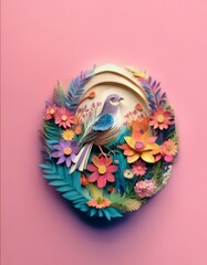Fototapeta premium A colorful bird is perched amidst a vibrant paper flower arrangement on a pink background.