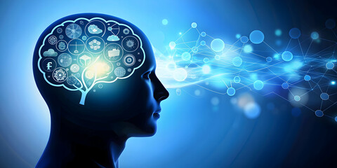 Obraz premium Silhouette of a person's head with brain and marketing icons , neuromarketing, psychology, brain