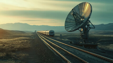 A satellite dish stands prominently beside train moving through remote landscape, capturing serene beauty of vast plains and distant mountains. scene evokes sense of adventure and exploration
