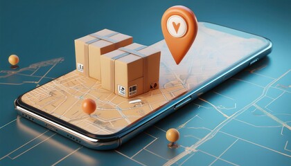 A smartphone with a map app showing a delivery location, with cardboard boxes on the screen.