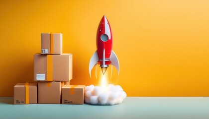 A red and yellow toy rocket launching from a row of cardboard boxes against a yellow background