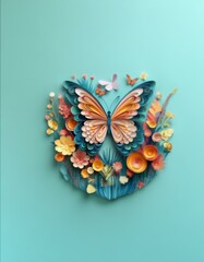 Naklejka premium A paper butterfly surrounded by paper flowers on a blue background.