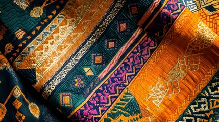 Eastern Thailand Sin fabric, intricate geometric designs, handwoven technique, hypereal, high quality, sharp images, graphic illustration
