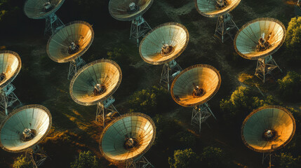 Aerial view of an array of satellite dishes reflecting sunlight, showcasing modern technology in corporate setting. scene captures intricate design and functionality of these communication devices