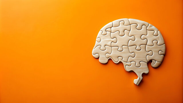 Brain shaped jigsaw puzzle missing a piece on orange background
