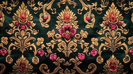 Central Thai Sin fabric, inspired by ancient patterns, detailed weaving, intricate floral designs, hypereal, high quality, sharp images, graphic illustration
