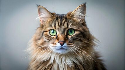 Fototapeta premium Portrait of a fluffy domestic cat with green eyes , feline, pet, animal, portrait, cute, domestic, fur, whiskers, relaxed, sitting