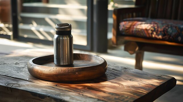 A timber dish with a thermos of java is placed on a seat