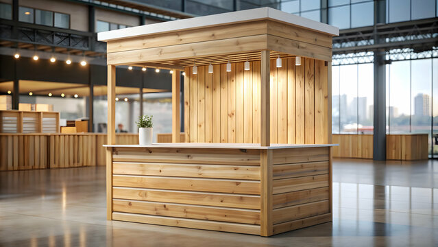 of wooden stand booth kiosk display with blank space for company logo, perfect for selling food and drink products at a market