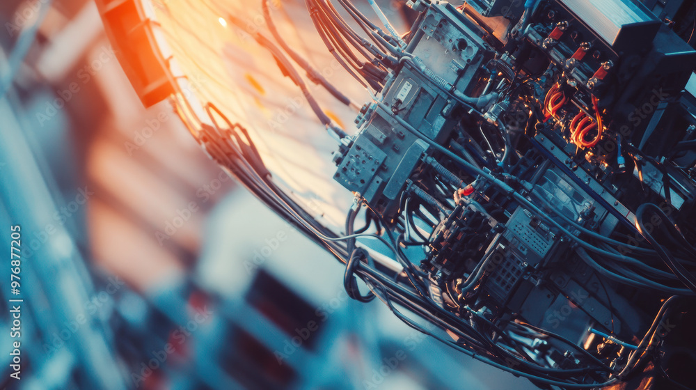 Poster close up of intricate machinery showcasing wires and components, highlighting complexity of technolo
