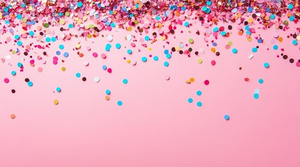 Colorful confetti on a pink background.