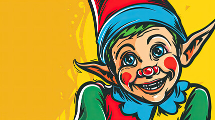 Pop-Art Christmas Elf with Big Smile and Pointy Hat on a Bright Yellow Background