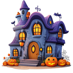 Whimsical Haunted House with Pumpkins and Halloween in Cartoon Style