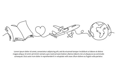 Continuous one line design of education and dreams of traveling the world. Minimalist style vector illustration on white background.