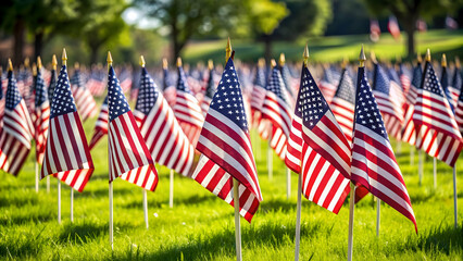 Rows of American flags on green grass with shallow depth of field, patriotic, pride, independence, USA, American
