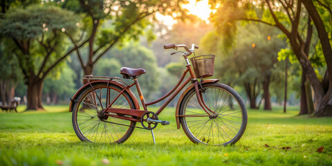 Fototapeta premium Old rusted bicycle parked on grass in a peaceful park setting, bicycle, vintage, rusted, park, nature, outdoor, grass