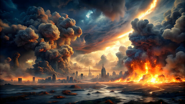 Dramatic photo of the end of the world with dark clouds, destruction, fire, and chaos, apocalypse, destruction