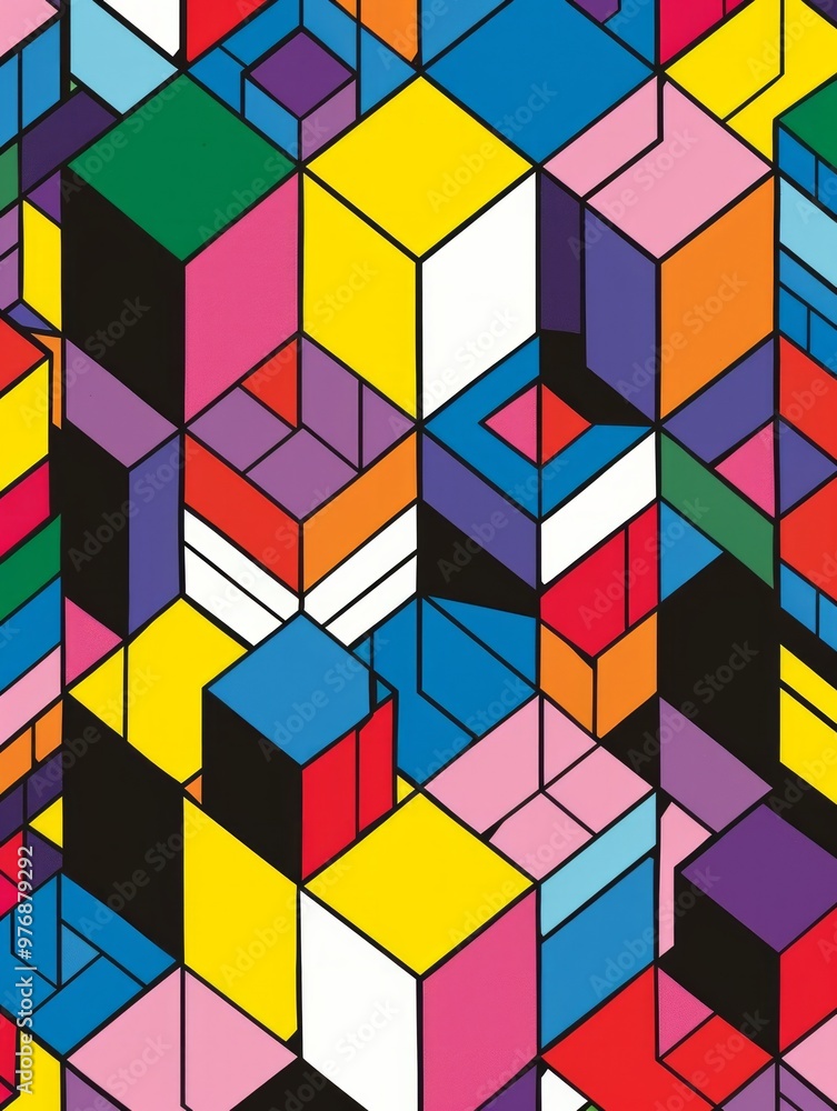 Poster vibrant and intricate geometric design featuring a series of cubes arranged in an isometric pattern