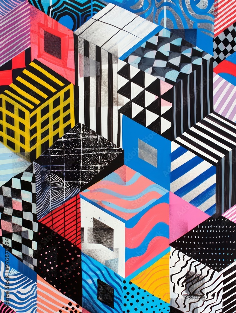 Poster vibrant and intricate geometric design featuring a series of cubes arranged in an isometric pattern