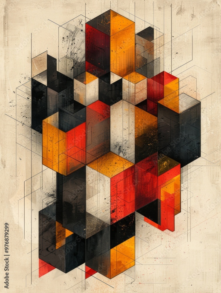 Poster vibrant and intricate geometric design featuring a series of cubes arranged in an isometric pattern