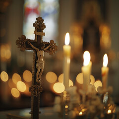 Sacred Detail: Intricately Crafted Crucifix Adorns Church Altar, Warmed by Candlelight Casting a Holy glow and Soft Shadows