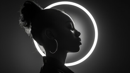 The person is placed against a contrasting black background with a large white circle behind them, creating a stark contrast