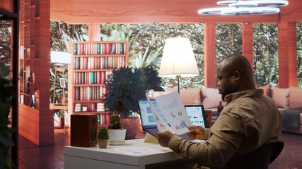 Entrepreneur examining accountancy data reports within the business operations, remote work. Specialist conducting research analysis to help with development plans, money management. Camera B.