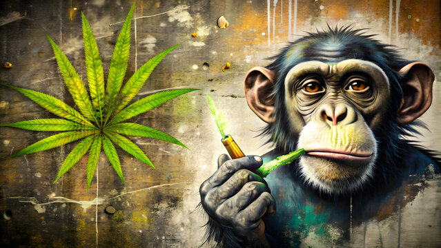 Grunge background with graffiti and painted monkey holding a cannabis cigarette, grunge, background, graffiti, painted