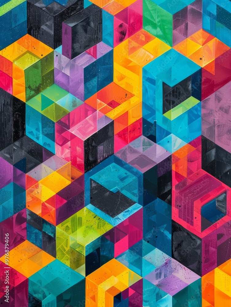 Poster vibrant and intricate geometric design featuring a series of cubes arranged in an isometric pattern