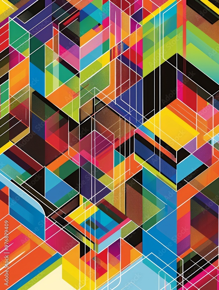 Poster vibrant and intricate geometric design featuring a series of cubes arranged in an isometric pattern