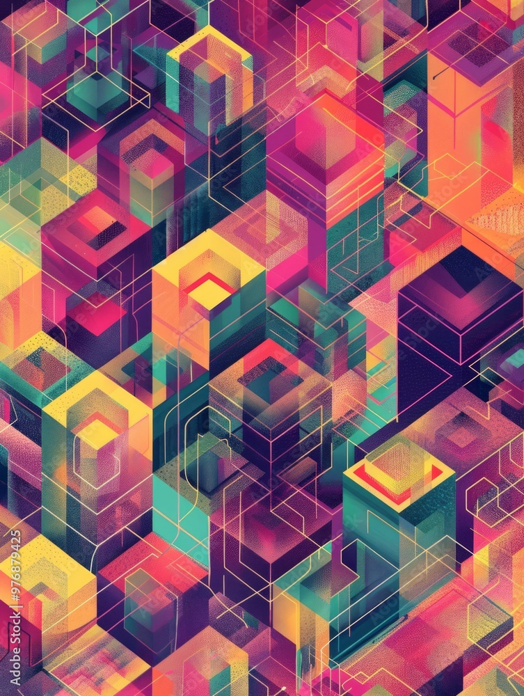 Poster vibrant and intricate geometric design featuring a series of cubes arranged in an isometric pattern