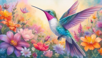Obraz premium Pastel painting, hummingbird, among colorful wildflowers, pastel painting technique, pastel texture, light blending, intricate details, soft, vibrant, layered.
