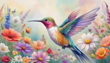 Pastel painting, hummingbird, among colorful wildflowers, pastel painting technique, pastel texture, light blending, intricate details, soft, vibrant, layered.