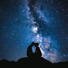 Obraz premium Romantic Silhouette, Couples Intimate Moment Under a Breathtaking Starry Sky with Milky Way.