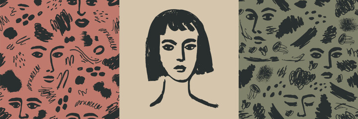 Vector art woman face portrait and seamless patterns. Artistic beauty prints, modern illustration. Female hand drawn doodle drawing