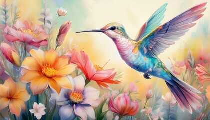 Pastel painting, hummingbird, among colorful wildflowers, pastel painting technique, pastel texture, light blending, intricate details, soft, vibrant, layered.