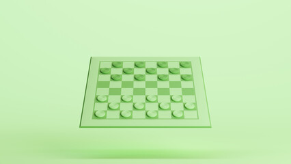 Checkers board counters strategy game set success green monochrome soft tones pale mint green background 3d illustration render digital rendering	
