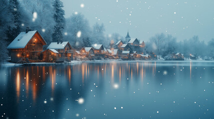 Fototapeta premium A snowy winter village by a lake with warm lights
