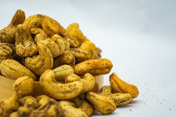 Masala Cashew Nuts, Roasted Kaju in Ghee Dry Fruits selective focused 