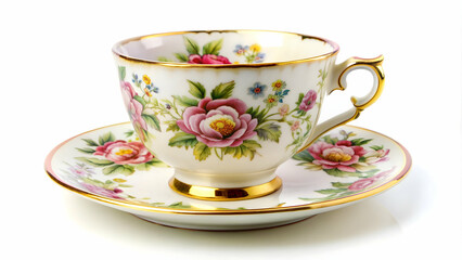 Fototapeta premium Vintage teacup and saucer on a white background, vintage, tea, cup, saucer, porcelain, retro, elegant, antique, beverage