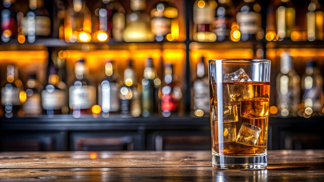 Highball glass with Tennessee whiskey, ice cubes, amber liquid on bar counter, whiskey, Tennessee, highball glass, drink, alcohol