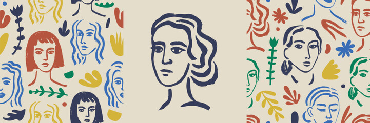 Vector art woman face portrait and seamless patterns. Artistic beauty prints, modern illustration. Female hand drawn doodle drawing