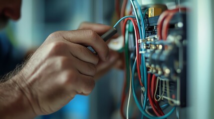 An electrician working on wiring in an electrical box.