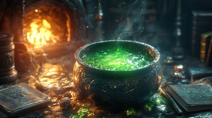 A cauldron with green potion in a shadowy room filled with spellbooks and enchanted artifacts.