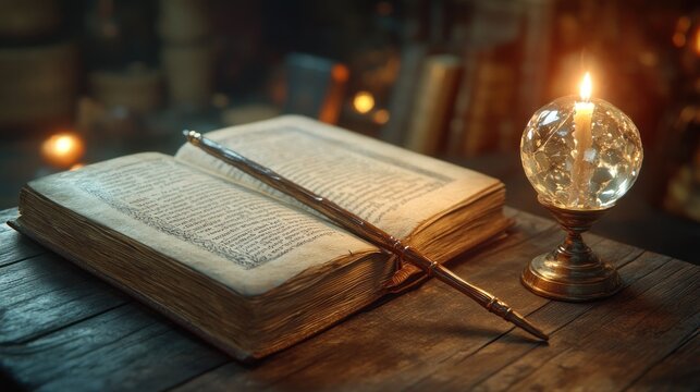 A witch's wand and open grimoire with candlelight on a wooden table in a dark room.