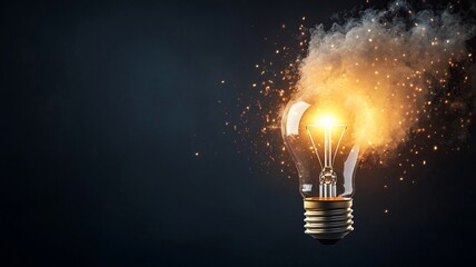 A glowing light bulb emitting sparks and smoke, symbolizing creativity and innovation in a dark environment.